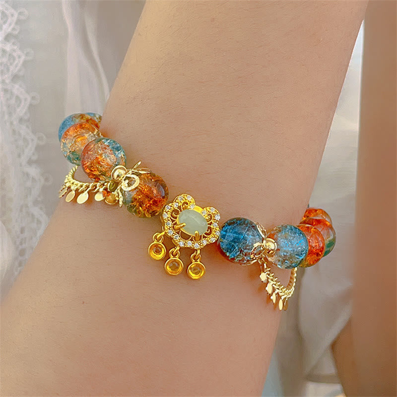 Nimara Ritual Colorful Liuli Glass Bead Chinese Lock Charm Fortune Bracelet
