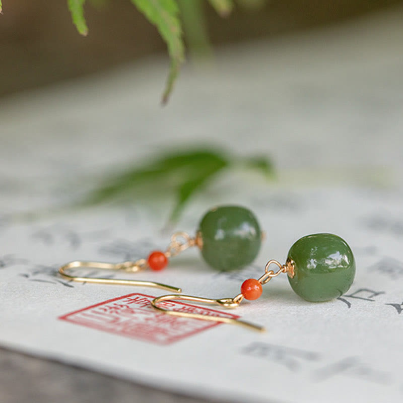 Nimara Ritual 925 Sterling Silver Plated 14k Gold Hetian Jade Red Agate Luck Drop Dangle Earrings