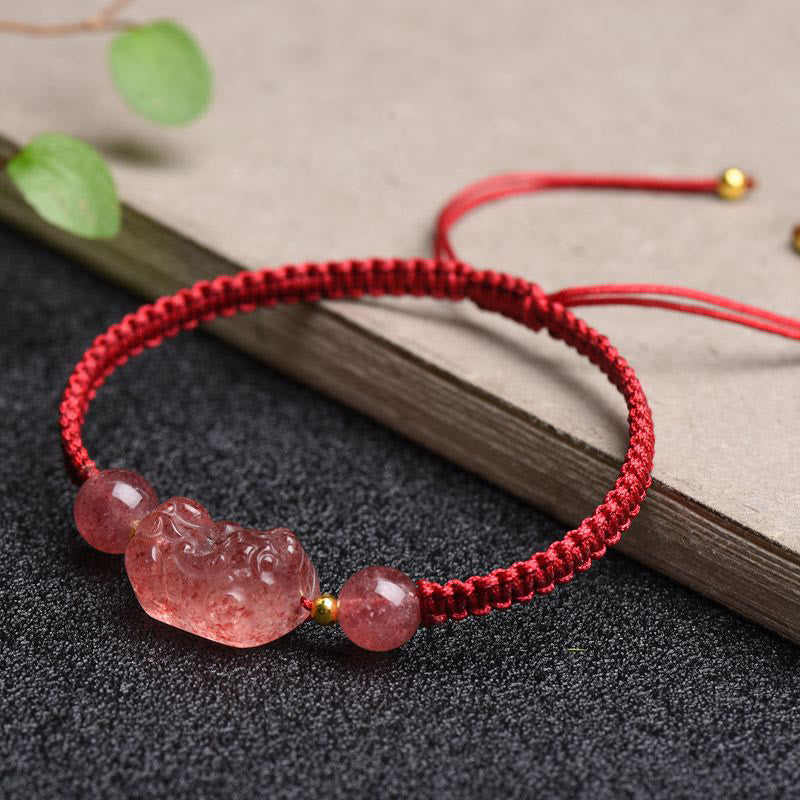 Nimara Ritual Natural Strawberry Quartz PiXiu Lucky Red String Bracelet