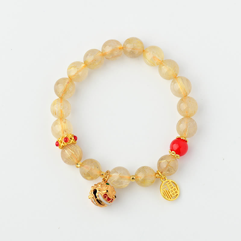 Nimara Ritual Natural Golden Rutilated Quartz Fu Character Charm Bell Wealth Bracelet