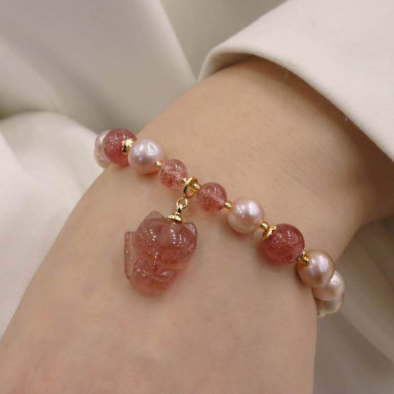 Nimara Ritual Natural Pearl Strawberry Quartz Cute Fox Love Healing Charm Bracelet