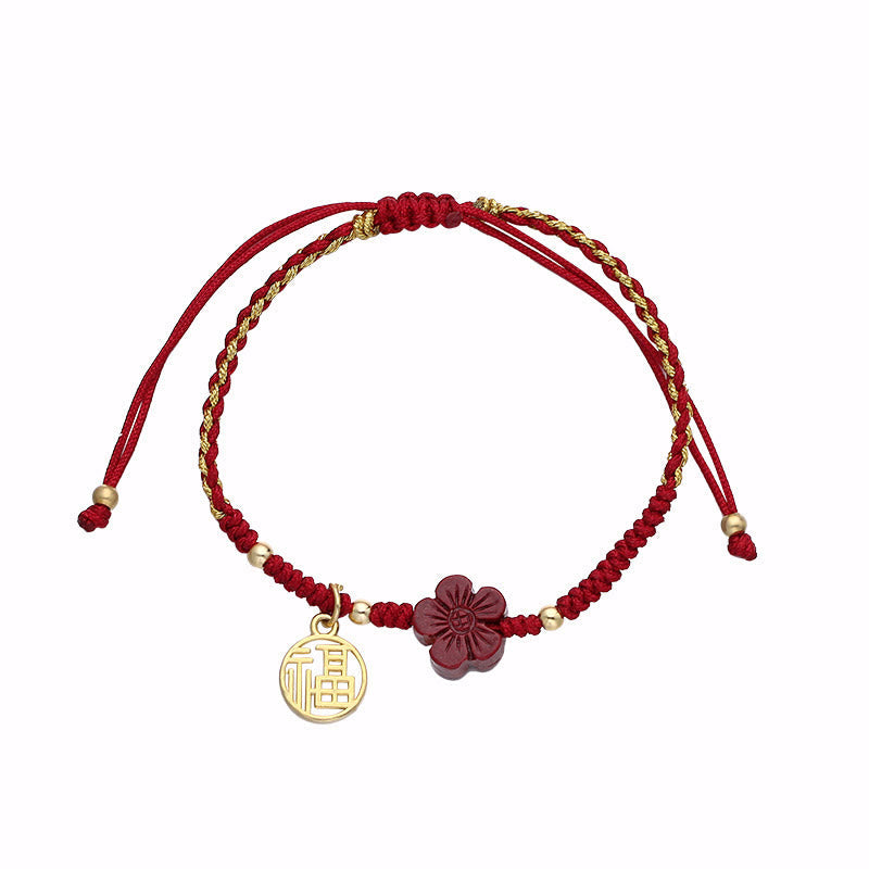 Nimara Ritual Cinnabar Flower Fu Character Blessing Braided String Bracelet
