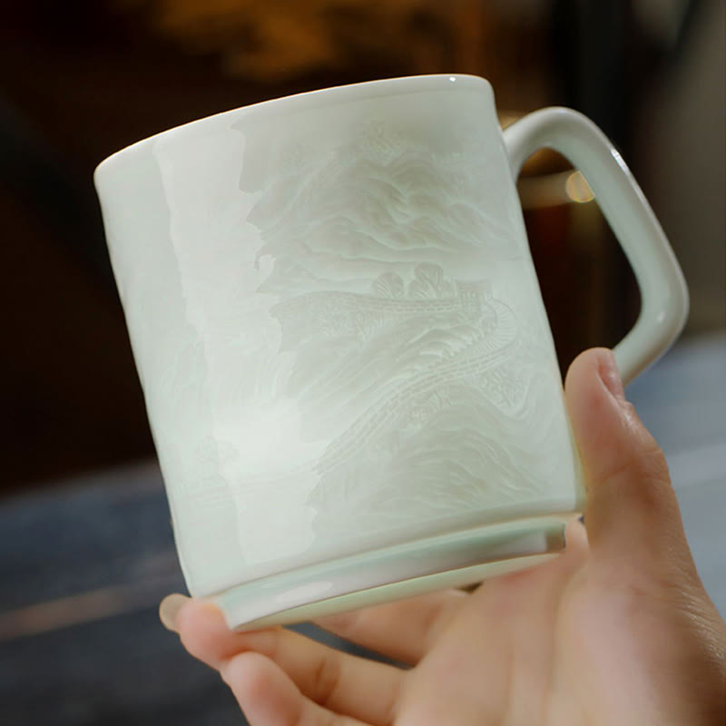 Nimara Ritual Jingdezhen White Porcelain Handmade Great Wall Landscape Engraved Ceramic Teacup Office Mug Tea Cups