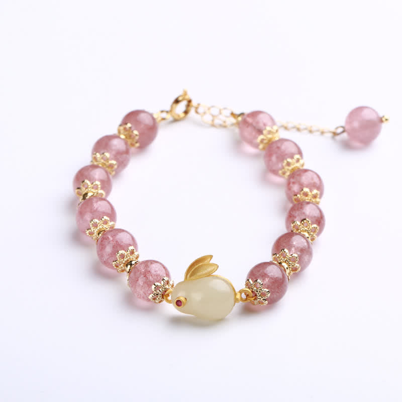 Nimara Ritual 925 Sterling Silver Strawberry Quartz Year of the Rabbit Hetian Jade Moonstone Healing Bracelet