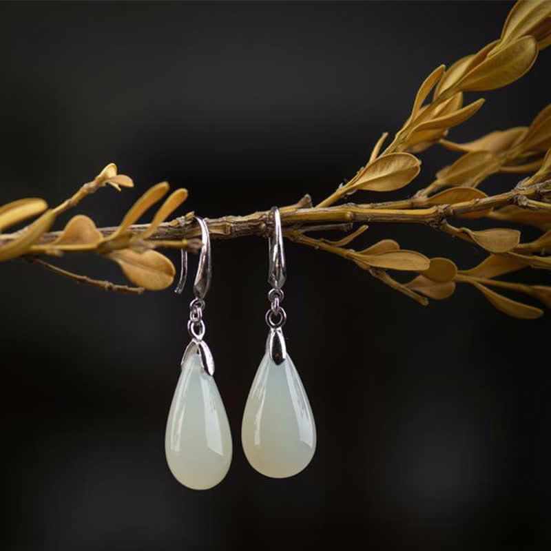 Nimara Ritual Hetian White Jade Water Drop Luck Blessing Dangle Earrings