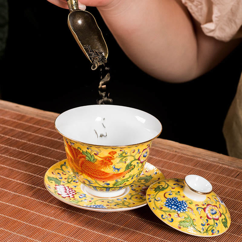 Nimara Ritual Dragon Phoenix Flower Design Ceramic Gaiwan Sancai Teacup Kung Fu Tea Cup And Saucer With Lid