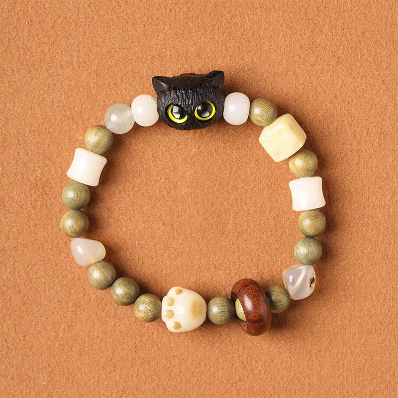 Nimara Ritual Bodhi Seed Green Sandalwood Ebony Wood Small Leaf Red Sandalwood Cat Head Paw Claw Peace Bracelet