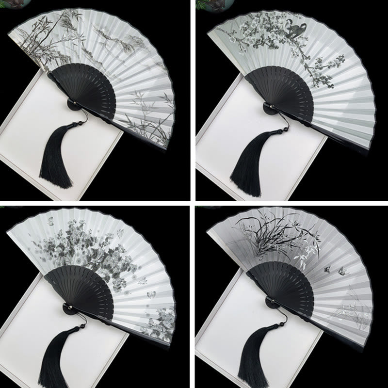 Nimara Ritual Vintage Bamboo Peony Butterfly Lotus Handheld Silk Folding Fan With Bamboo Frames