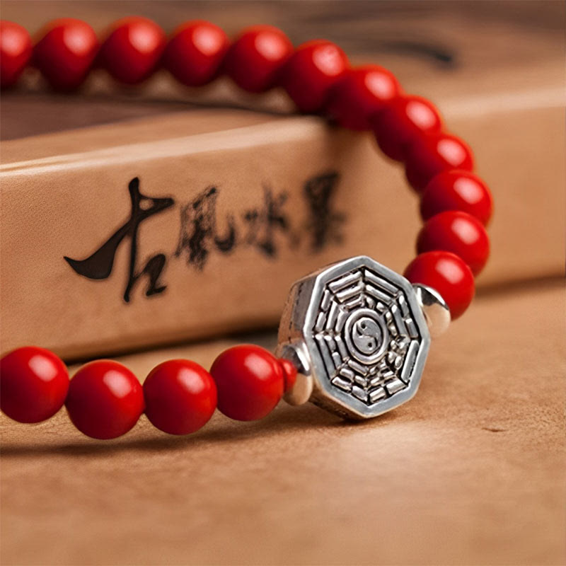 Nimara Ritual 925 Sterling Silver Yin Yang Bagua Symbol Cinnabar String Concentration Bracelet