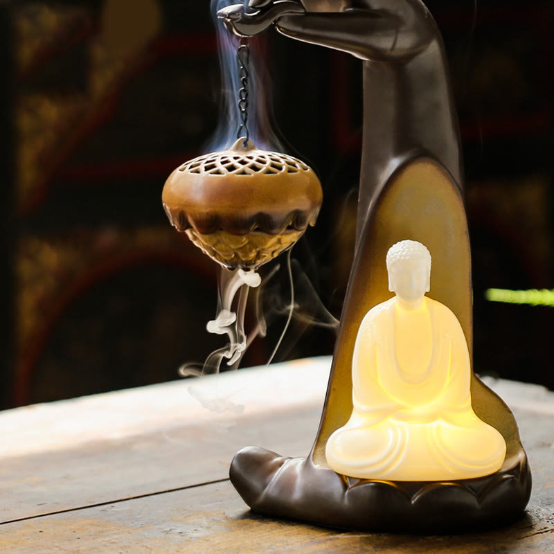 Nimara Ritual Led Buddha Hand Backflow Smoke Fountain Healing Ceramic Stick Incense Burner Decoration
