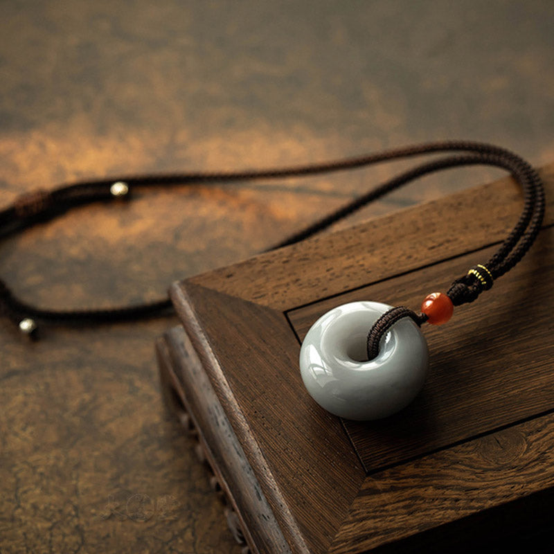Nimara Ritual Natural Round Jade Gray Jade Peace Buckle Luck Necklace Pendant