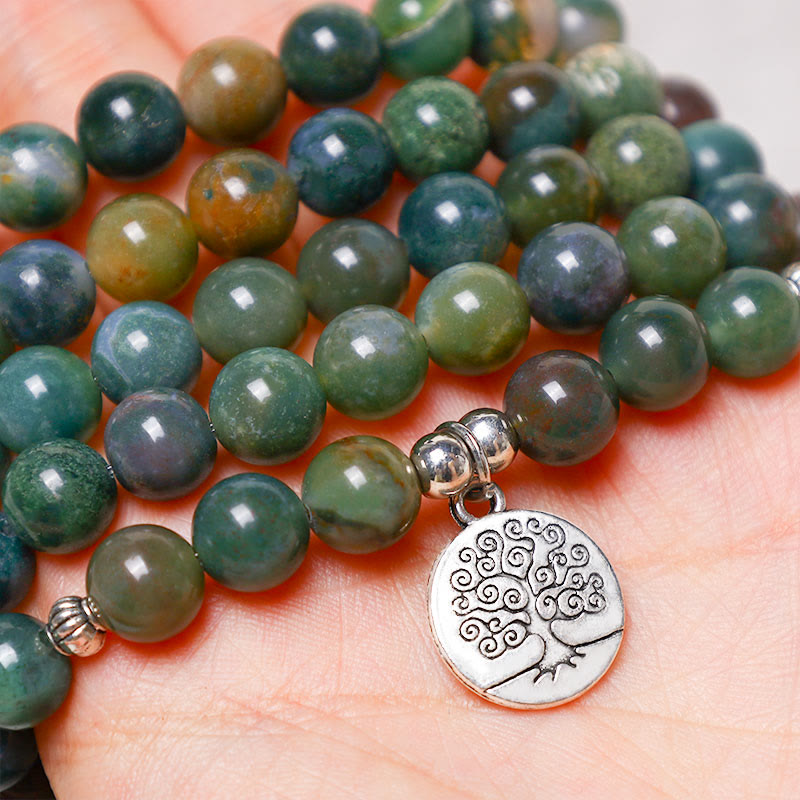 Nimara Ritual 108 Mala Beads Indian Agate Lotus OM Buddha Tree of life Positive Calm Bracelet