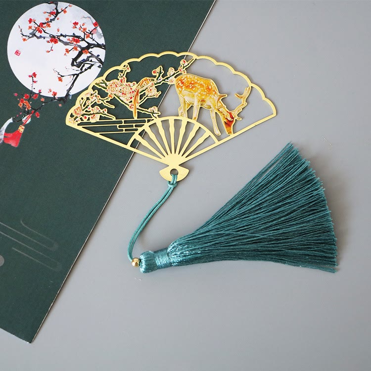 Nimara Ritual Traditional Butterfly Lotus Flower Crane Dragon Phoenix Fox Koi Fish New Beginning Metal Brass Hollow Fan Bookmarks
