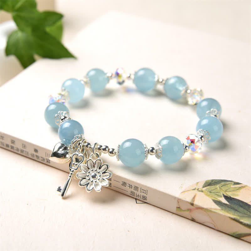 Nimara Ritual 925 Sterling Silver Natural Aquamarine Serenity Flower Love Key Charm Bracelet