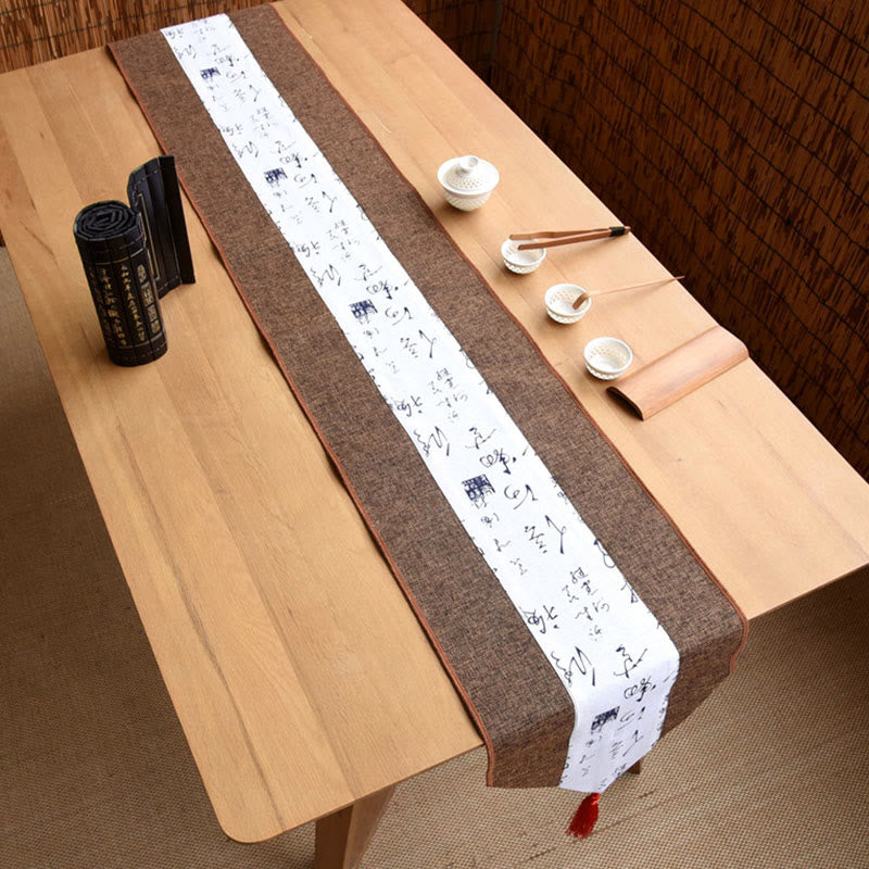 Nimara Ritual Classic Chinese Style Lotus Koi Fish Flower Crane Calligraphy Enlightenment Cotton Linen Tassels Table Runner