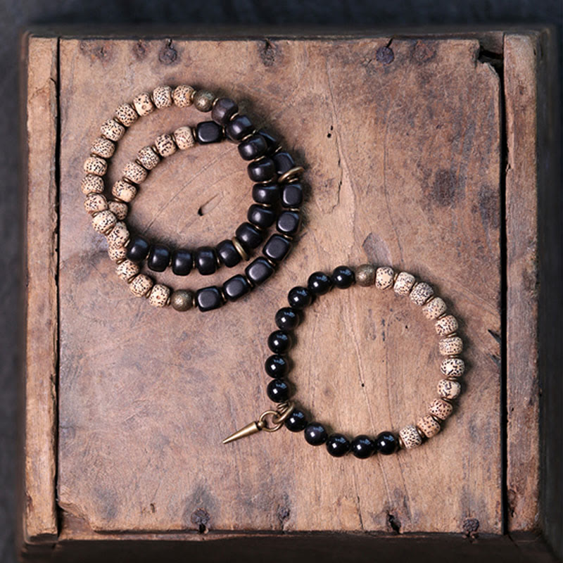 Nimara Ritual Tibetan Bodhi Seed Black Obsidian Ebony Wood Copper Peace Bracelet