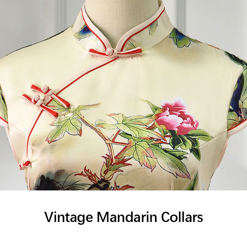 Nimara Ritual Peony Flower Print Cheongsam Dress Women's Qipao