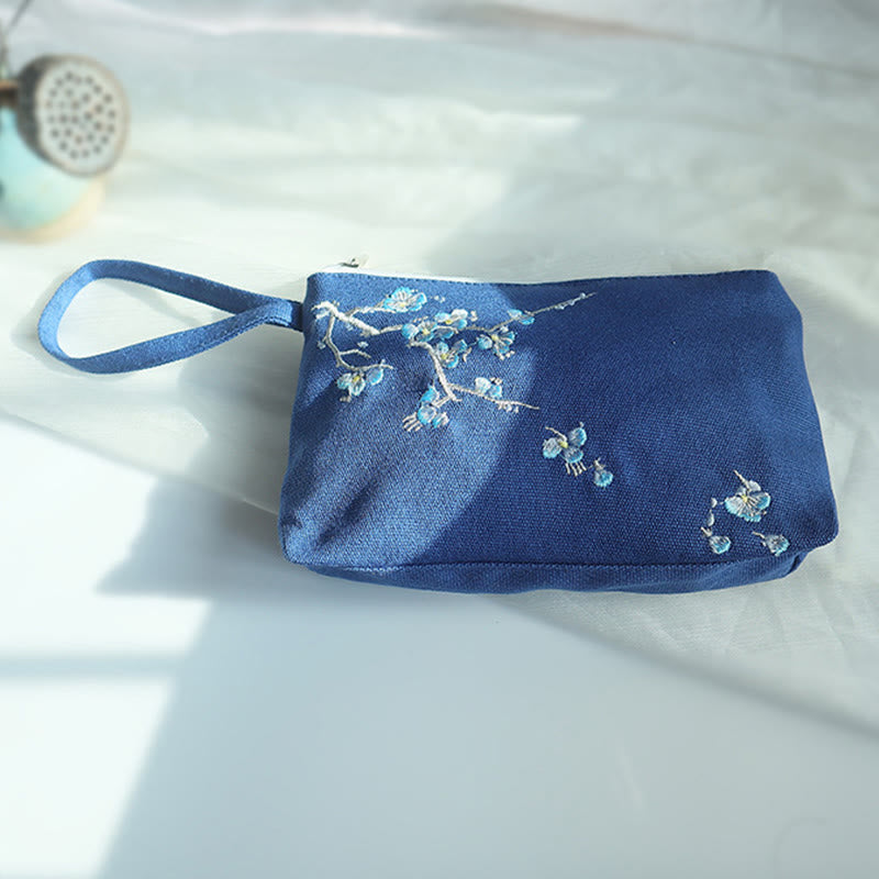 Nimara Ritual Small Flower Plum Cherry Crane Peach Blossom Embroidery Canvas Wallet Shopping Purse