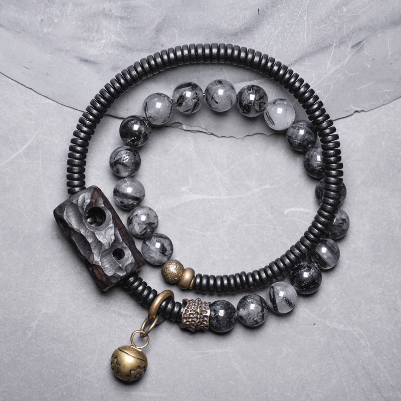 Nimara Ritual Black Rutilated Quartz Ebony Wood Copper Wisdom Couple Bracelet