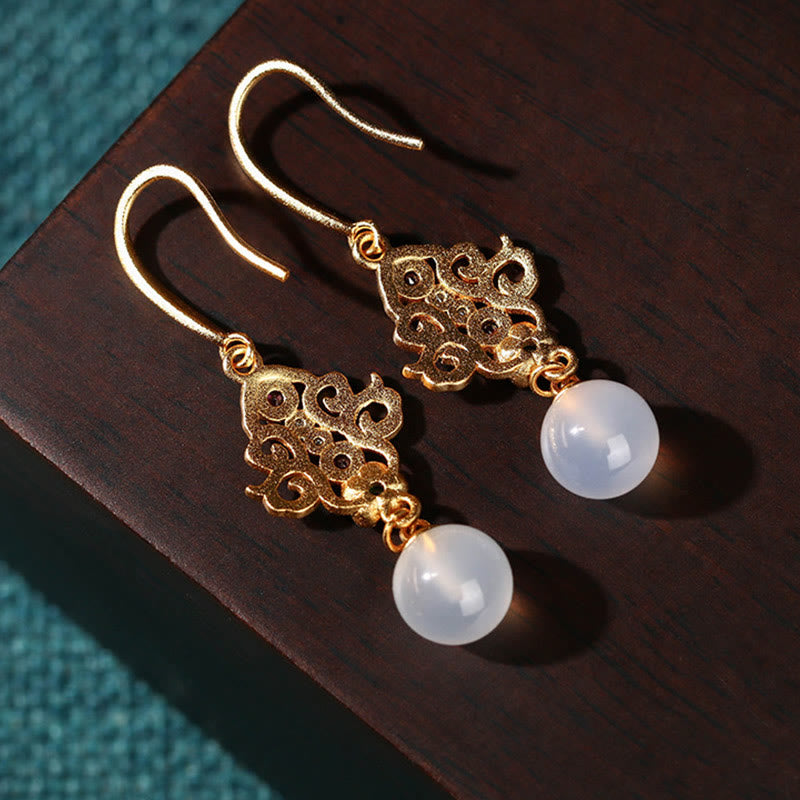Nimara Ritual 24K Gold Plated Round Chalcedony Positive Dangle Drop Earrings