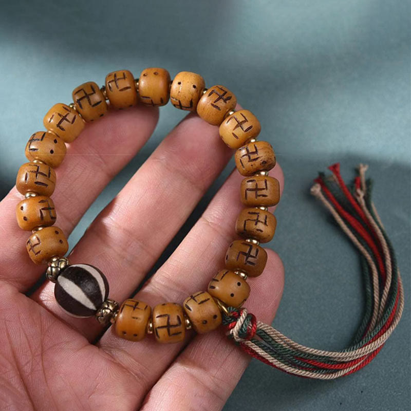 Nimara Ritual Natural Tibetan Camel Bone Swastika Dzi Bead Shankha Buddha Charm Kirtimukha Luck Protection Tassel Bracelet
