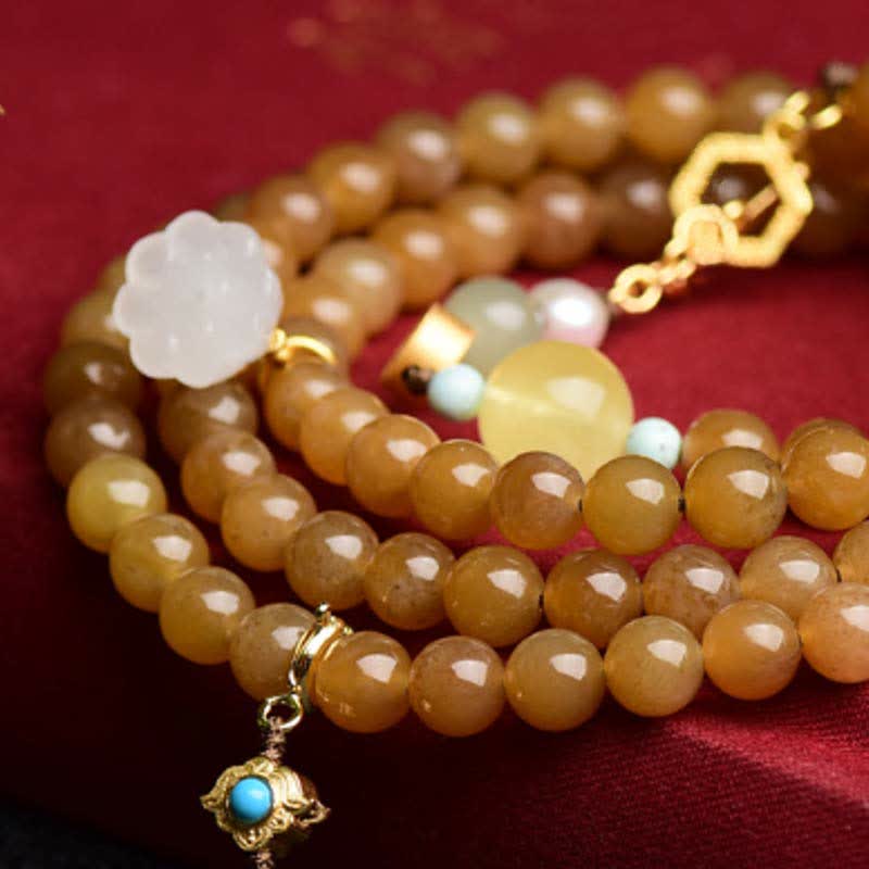 Nimara Ritual Natural Hetian Topaz Amber Lotus White Jade Pearl Success Bracelet