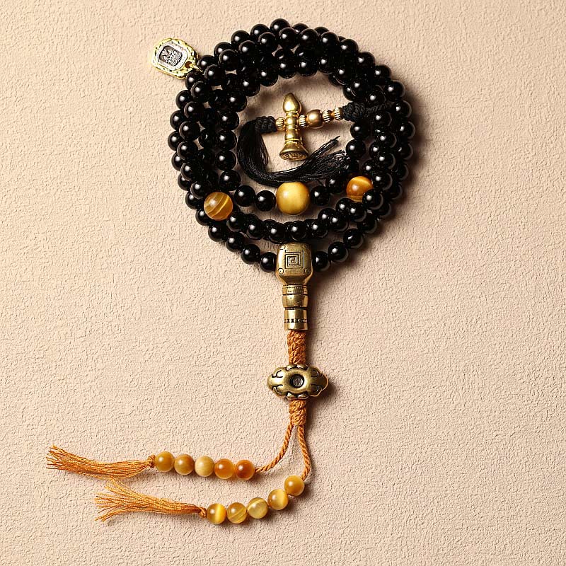 Nimara Ritual Tibetan 108 Mala Beads Black Onyx Tiger Eye Beads Nine Palaces Bagua Protection Bracelet