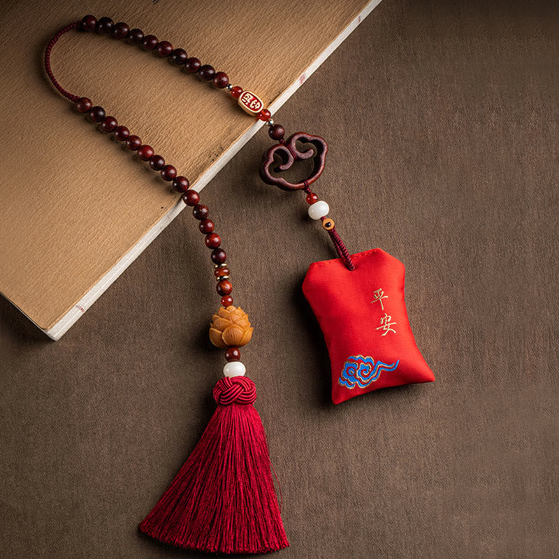 Nimara Ritual Tibetan Small Leaf Red Sandalwood Lotus Cinnabar Sachet Protection Tassel Car Hanging Decoration