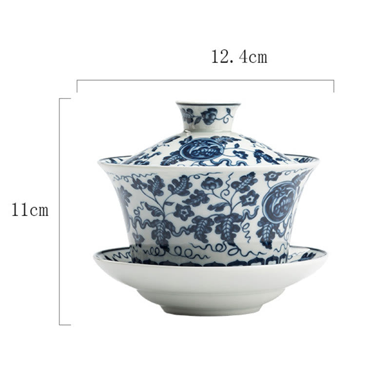 Nimara Ritual Blue And White Porcelain Lotus Koi Fish Lion Dance Watermelon Ceramic Gaiwan Sancai Teacup Kung Fu Tea Cup And Saucer With Lid 300ml