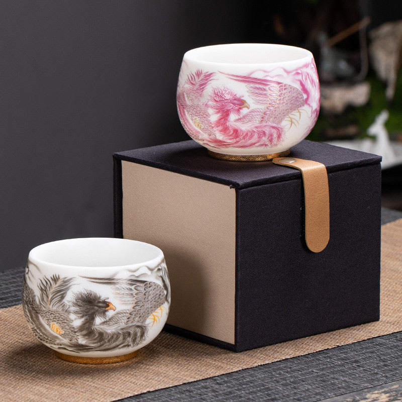 Nimara Ritual Phoenix White Porcelain Ceramic Teacup Kung Fu Tea Cup 185ml With Gift Box