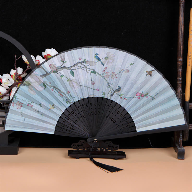 Nimara Ritual Classic Birds Singing Flowers Handheld Bamboo Folding Fan