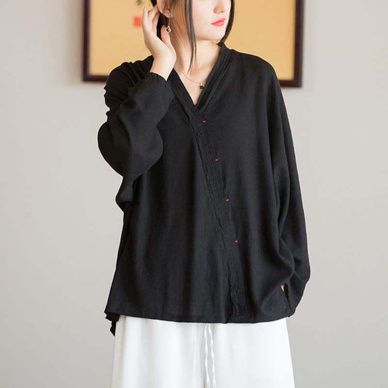 Nimara Ritual V-Neck Blouse Women Shirt Long Sleeve Top Chinese Hanfu Style Clothing