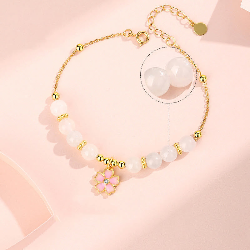 Nimara Ritual 925 Sterling Silver Hetian White Jade Cherry Blossom Protection Bracelet