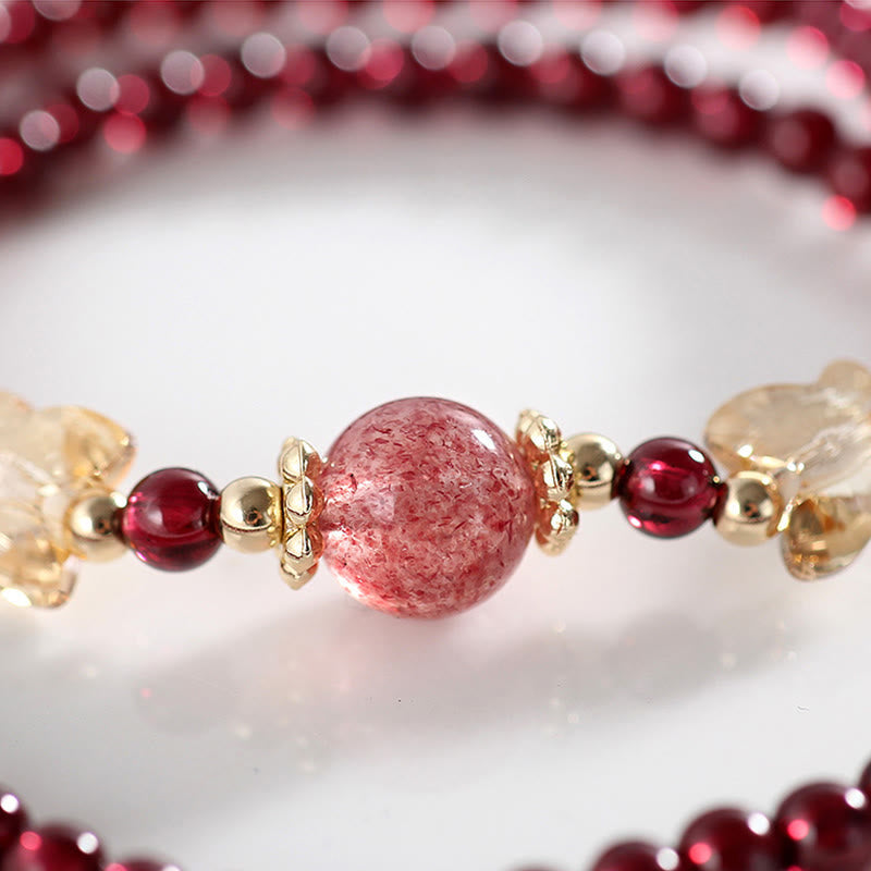 Nimara Ritual 14K Gold Plated Natural Garnet Strawberry Quartz Butterfly Protection Double Wrap Bracelet