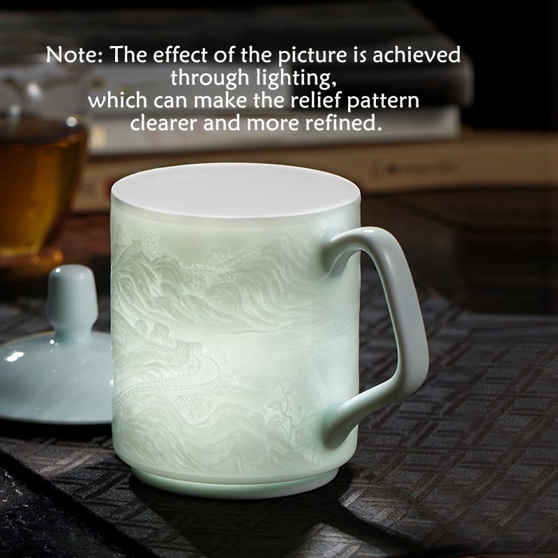 Nimara Ritual Jingdezhen White Porcelain Handmade Great Wall Landscape Engraved Ceramic Teacup Office Mug Tea Cups