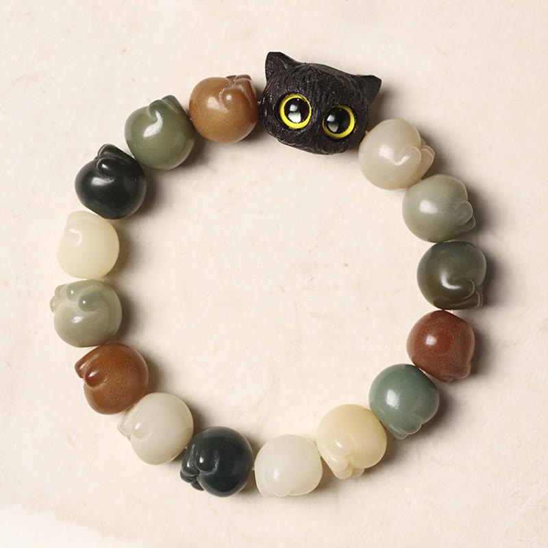 Nimara Ritual Natural Bodhi Seed Lovely Paw Ebony Wood Lucky Cat Wisdom Bracelet
