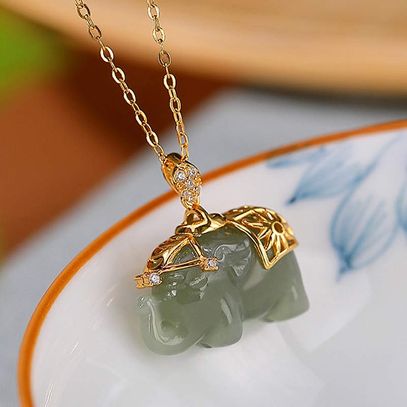Nimara Ritual 925 Sterling Silver Jade Elephant Blessing Fortune Necklace Chain Pendant