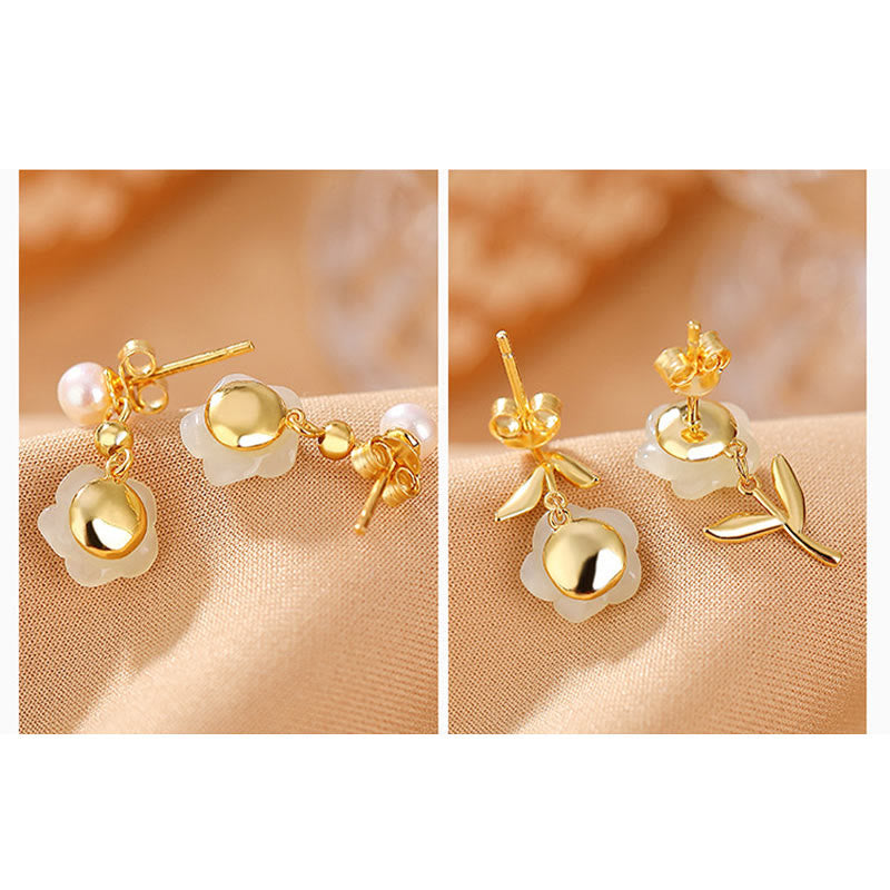 Nimara Ritual 925 Sterling Silver Plated Gold Jade Rose Flower Cyan Jade Pearl Luck Earrings