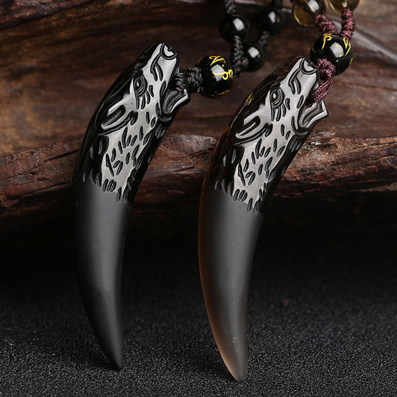 Nimara Ritual Natural Ice Obsidian Wolf Tooth Pattern Courage Necklace Pendant