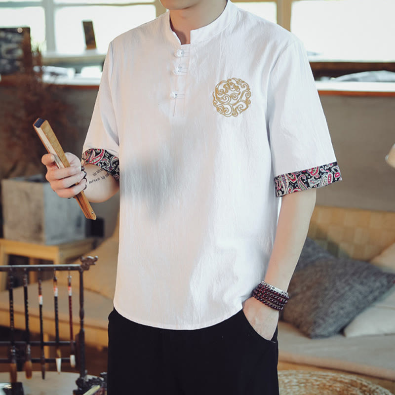 Nimara Ritual Frog-Button Dragon Embroidery Chinese Tang Suit Short Sleeve Shirt Men Clothing