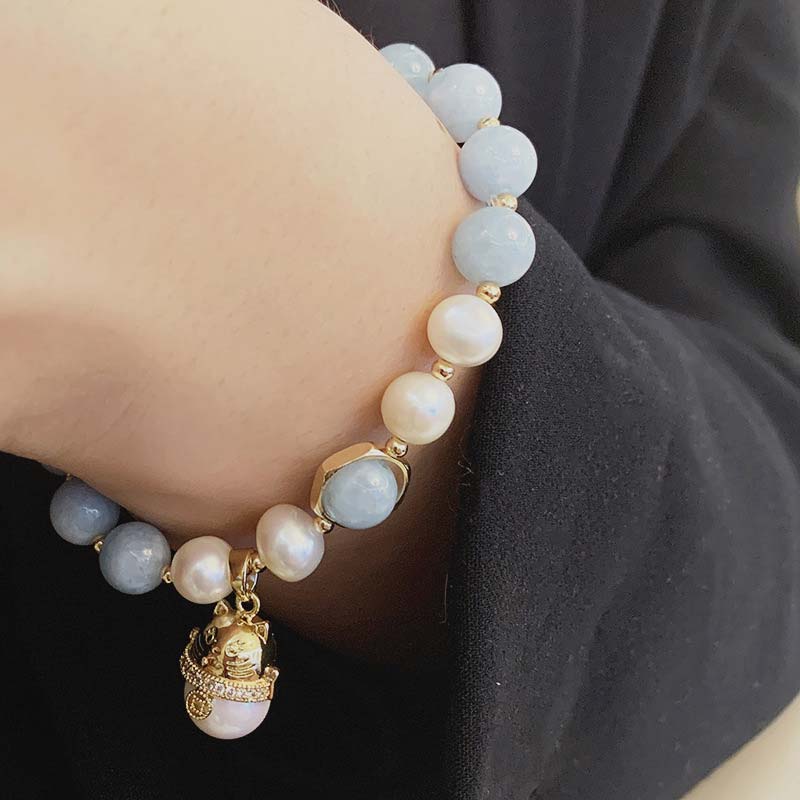 Nimara Ritual Aquamarine Pearl Peace Healing Lucky Cat Charm Bracelet