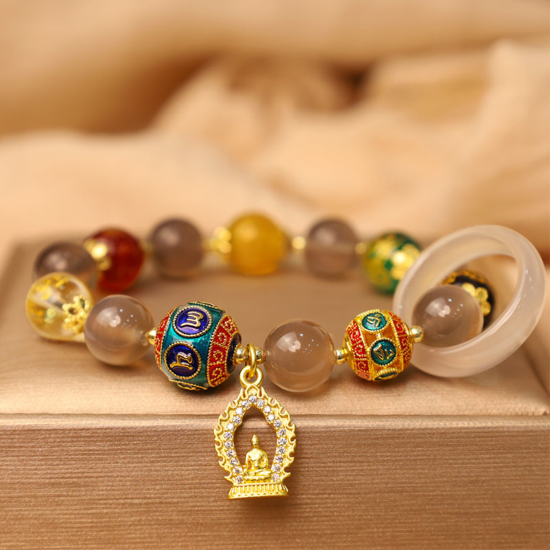 Nimara Ritual Natural Gray Agate Five Directions Gods of Wealth Om Mani Padme Hum Buddha Charm Bracelet