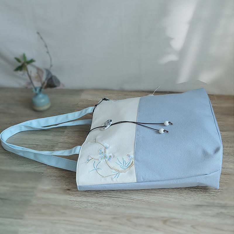 Nimara Ritual Pear Flower Plum Peach Blossom Bamboo Embroidery Canvas Large Capacity Shoulder Bag Tote Bag