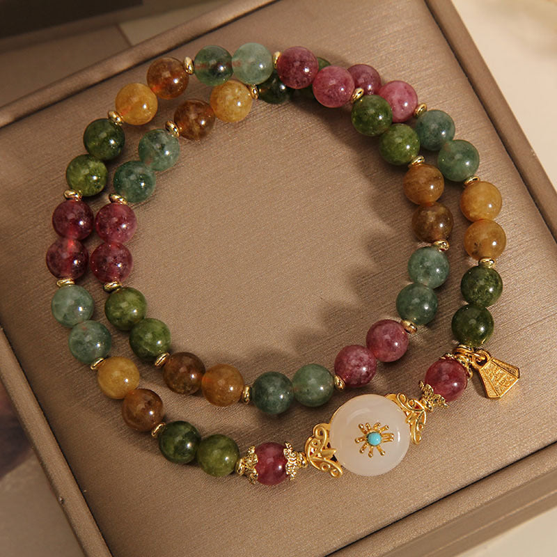Nimara Ritual Natural Multicolored Tourmaline Positive Jade Flower Double Wrap Bracelet