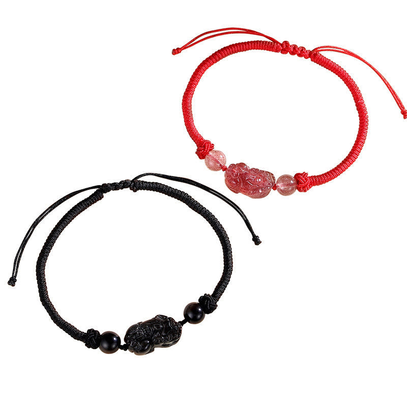 Nimara Ritual Handmade Natural Silver Sheen Obsidian Strawberry Quartz PiXiu Protection Braided Bracelet