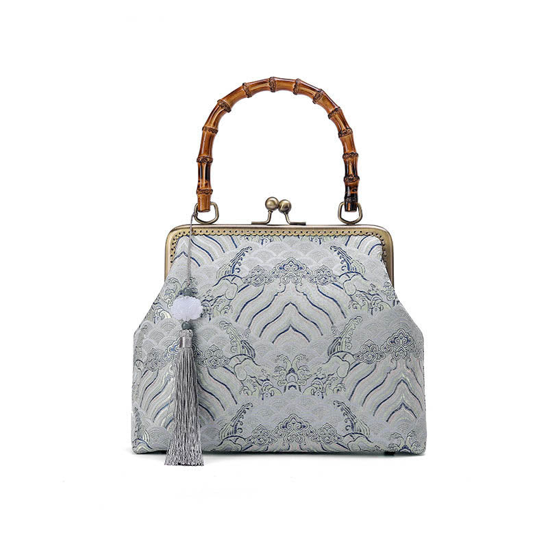 Nimara Ritual Silver Lines Bamboo Handle Metal Chain Crossbody Bag Handbags