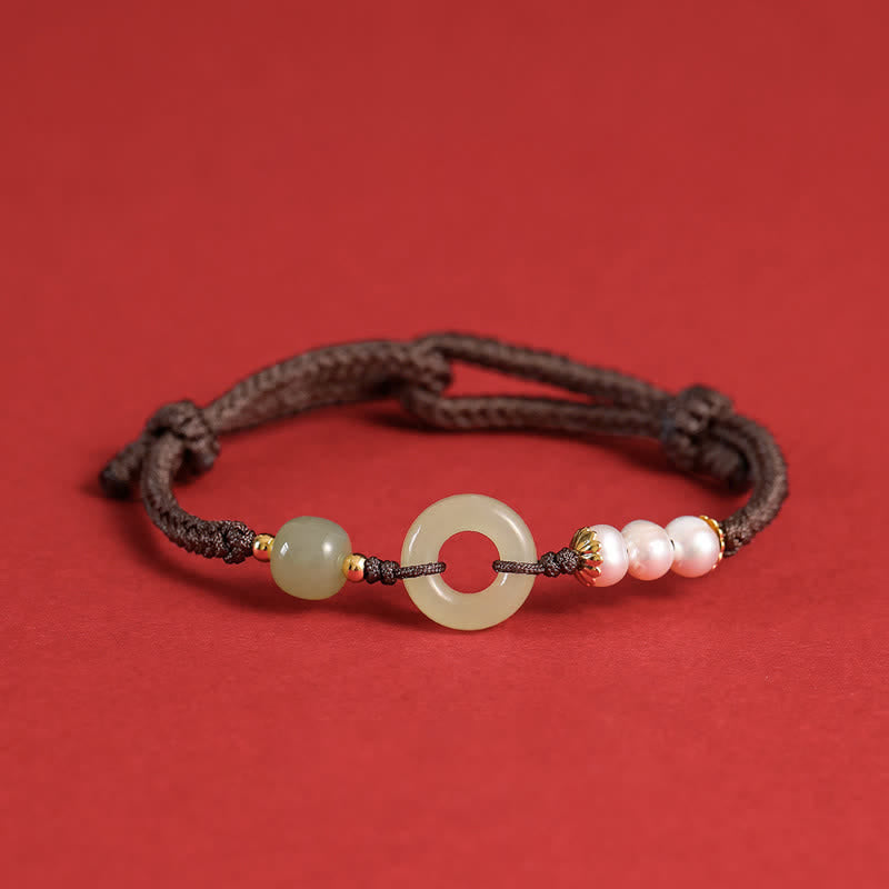 Nimara Ritual Natural Hetian Jade Pearl Peace Buckle Luck Bracelet
