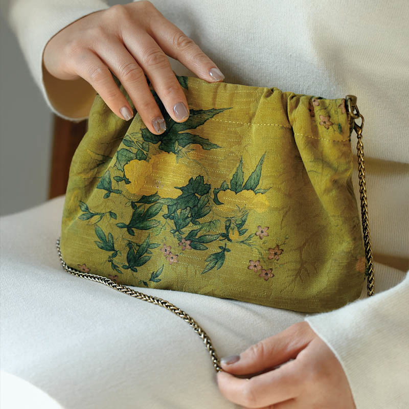 Nimara Ritual Yellow Green Flower Black Persimmon Metal Chain Crossbody Bag Shoulder Bag Handbag