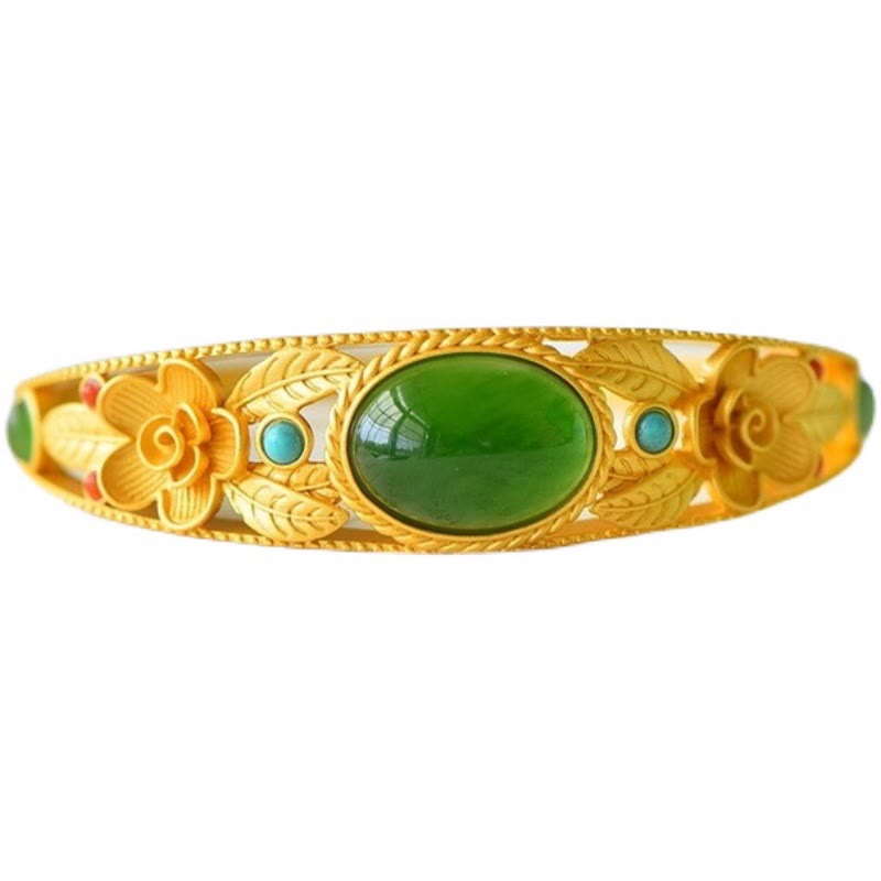 Nimara Ritual Cyan Jade White Jade Flower Leaf Harmony Luck Bracelet Bangle