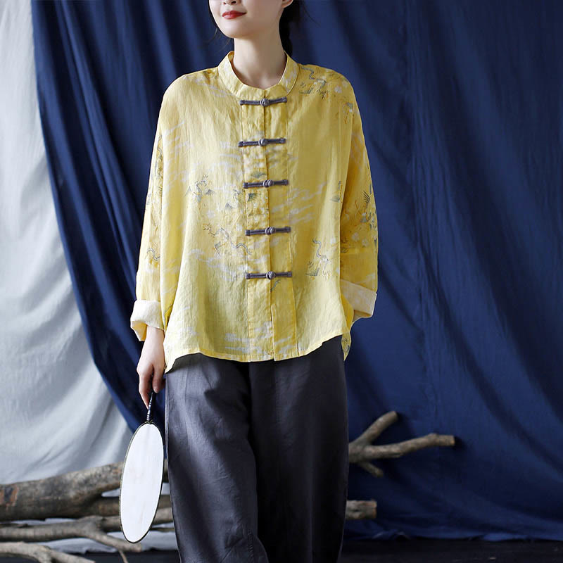 Nimara Ritual Yellow Phoenix Print Frog-button Design Long Sleeve Ramie Linen Jacket Shirt